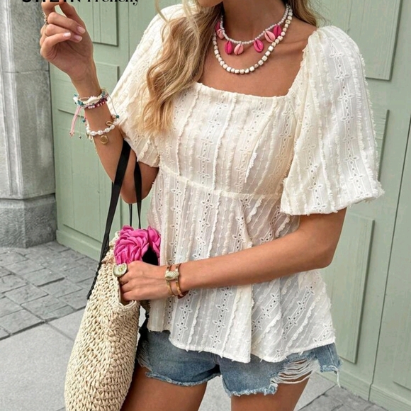 New Cream Eyelet Blouse Top, Open Tie Back, Quality Material - Picture 3 of 13